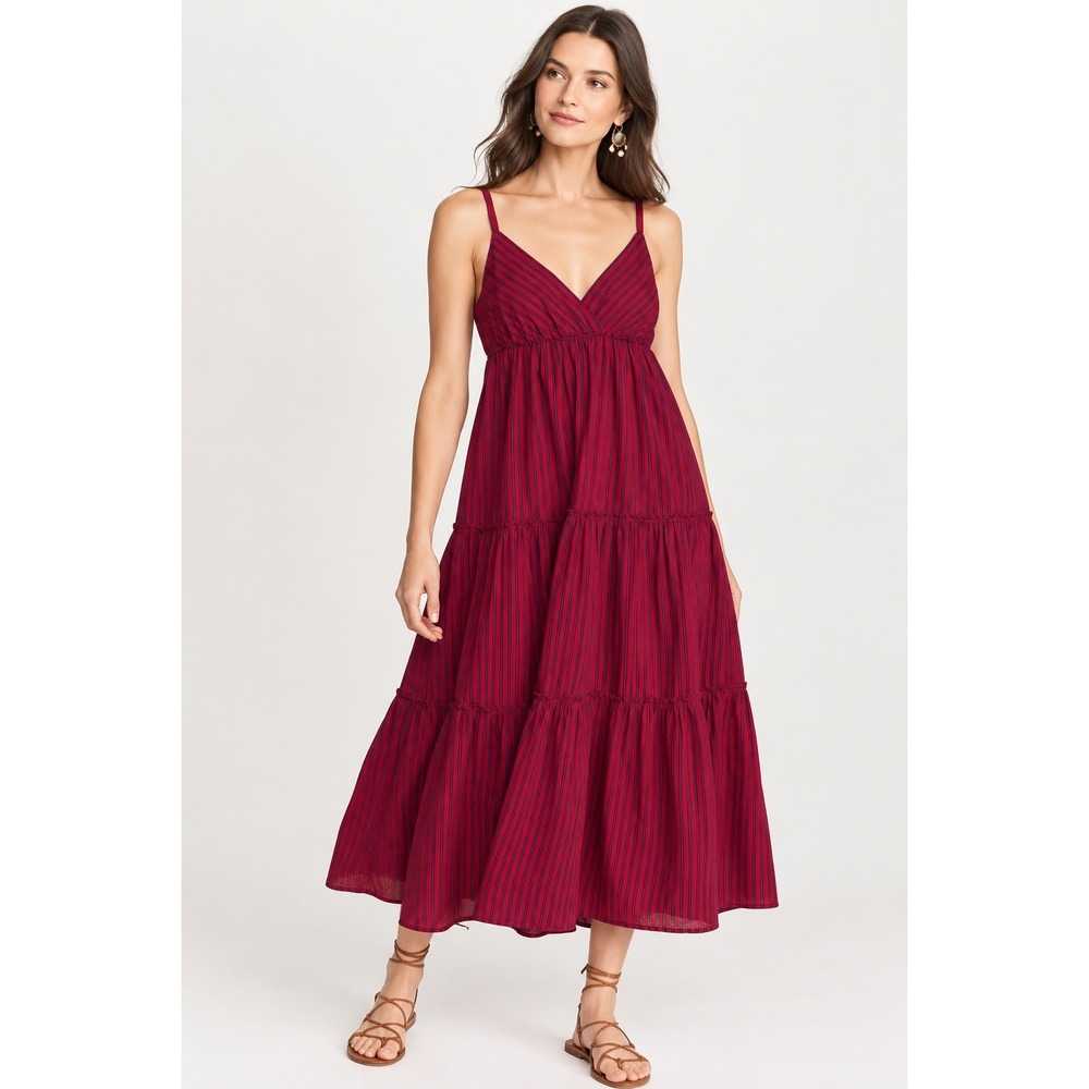 Xirena Red Purple Striped Cotton Tiered Midi Dress Pockets Size Small
